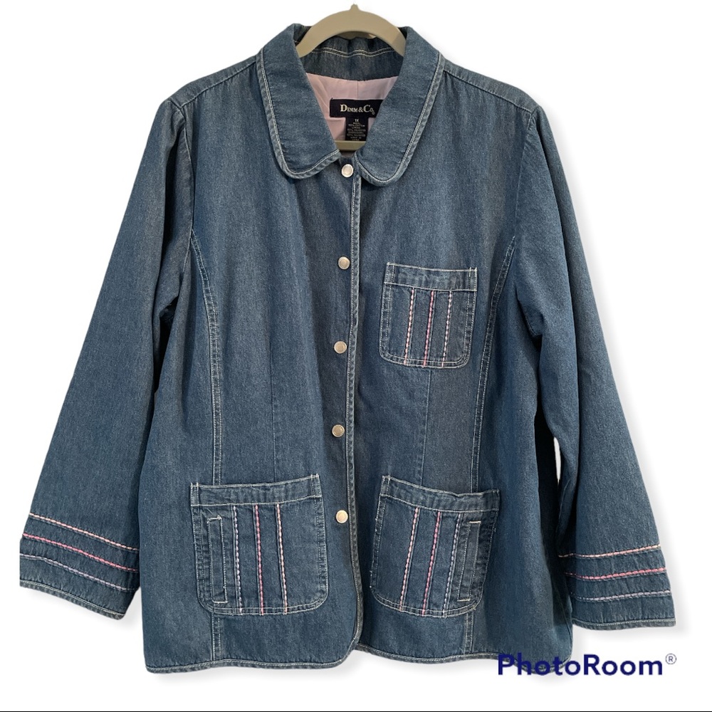 Denim & Co. 1X denim embroidered jean jacket vintage style